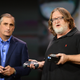 Gabe Newell speaks during Intel CEO Brian Krzanich’s keynote address at the 2014 International Consumer Electronics Show
